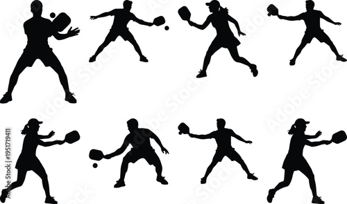Group of eight black silhouette illustrations of people playing pickleball, highlighting diverse poses and energetic movements on a white background, perfect for sports themes.