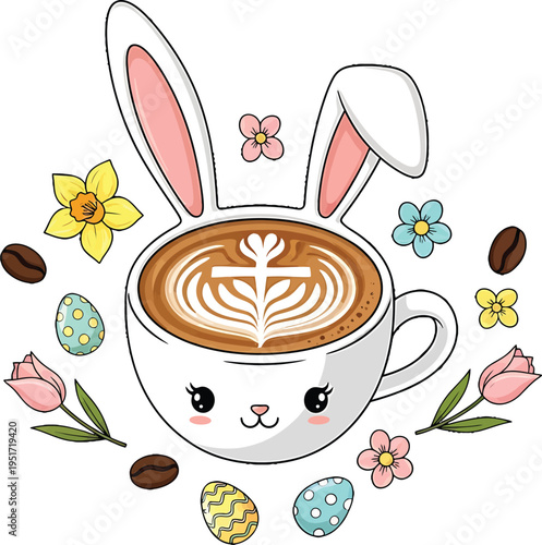 Cute Bunny Coffee Cup with Easter Eggs and Spring Flowers Illustration
