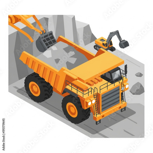 Large yellow mining dump truck loading rocks with excavator in quarry.