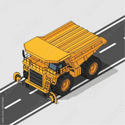 Large yellow mining dump truck on a road.