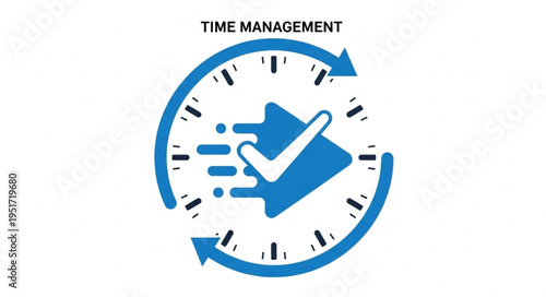 Time Management Clock Icon with Check Mark and Arrows.