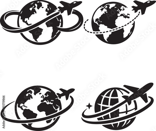 Airplane looping globe symbolizing global trips, international flights, and travel networks