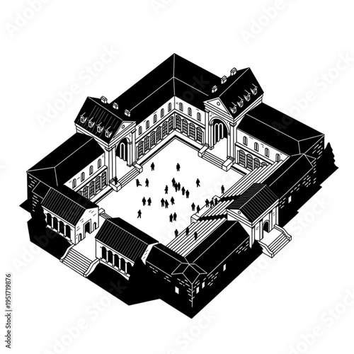 Isometric view of a courtyard with people, architecture illustration.