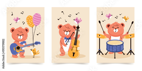 A set of cute postcards with a funny bear playing musical instruments. A trendy vector minimalist design for postcards, covers, invitations, banners, and posters.