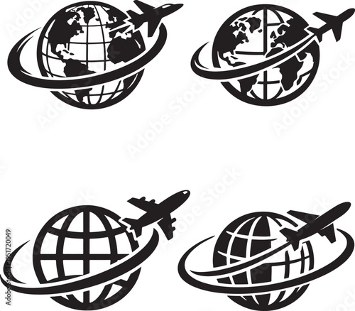  Global travel symbol with airplane looping around globe for international journeys