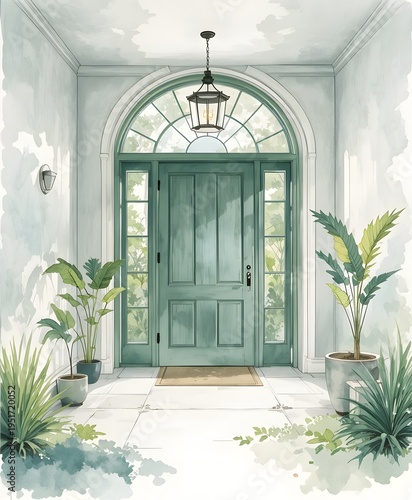 A watercolor-style illustration of a bright entryway framed by a graceful archway, decorated with potted plant, in soft green tones.
