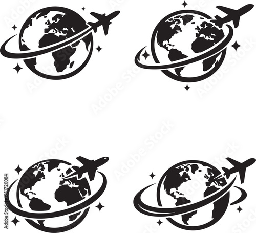 Worldwide flight icon showing airplane circling globe for global travel and exploration