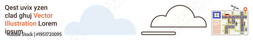 Navigation systems, travel planning, digital cartography, wayfinding tools, road maps, destination searches. Abstract clouds and a small map with roads and landmarks. Navigation systems and travel