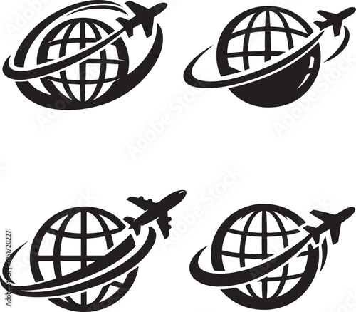 Airplane circling globe icon depicting worldwide travel, global connections, and trips