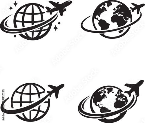 Airplane circling globe representing worldwide flights, journeys, and international travel