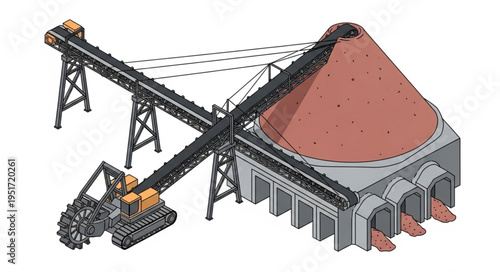 Isometric View of a Mining Conveyor System and Stockpile.