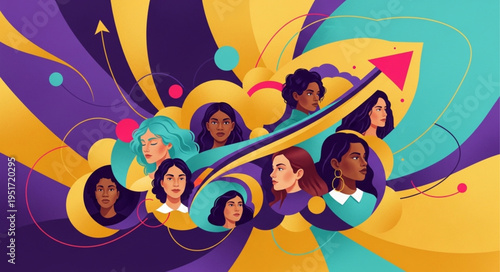 Diverse group of women celebrating together with abstract colorful background.