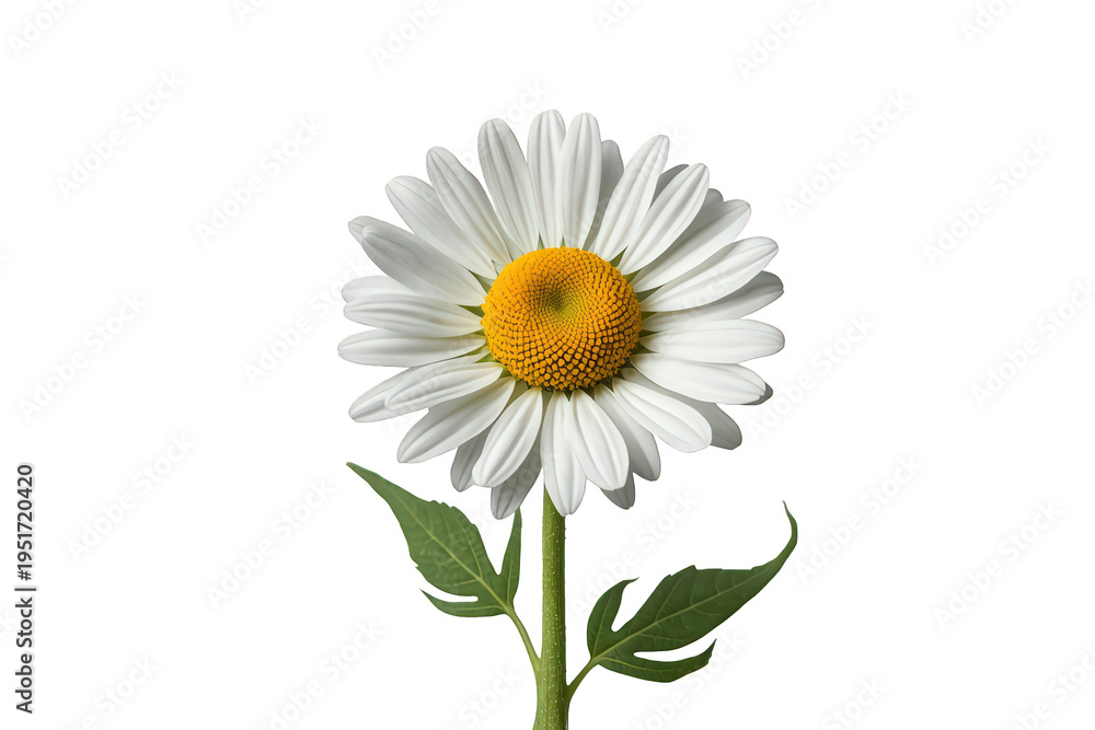 Naklejka premium Daisy flower head with white petals and yellow center, green stem and leaves on transparent background