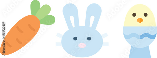 Colorful Easter Elements, Bunny, Carrot and Egg Set Bundle Cute Vector Design Elements