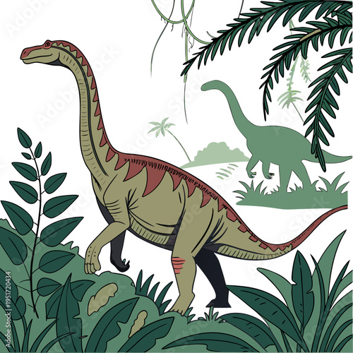 An illustration of a dinosaur standing in a lush prehistoric forest with another dinosaur in the background