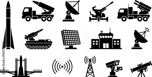 Military Technology Silhouette Icons Set with Missile Launcher, Radar, Satellite and Defense Systems