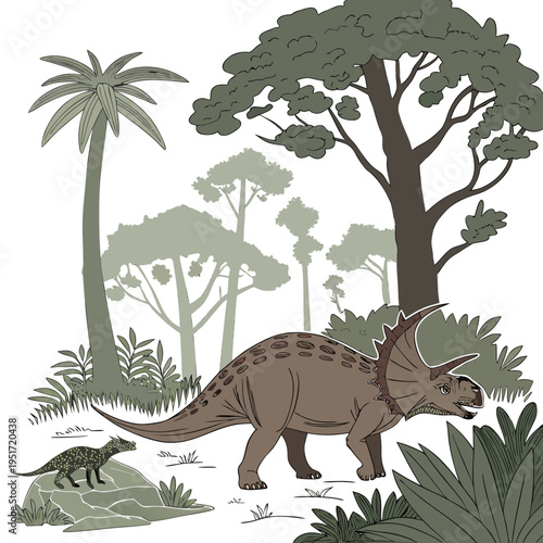 A large brown dinosaur with a spiky frill and a smaller dinosaur on a rock in a prehistoric forest with trees and plants