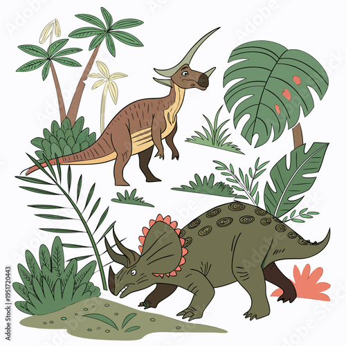 Two cartoon dinosaurs, a triceratops and a parasaurolophus, standing amidst tropical plants and foliage