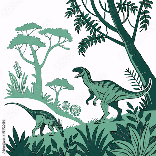 Two green dinosaurs standing in a prehistoric forest landscape with trees and plants