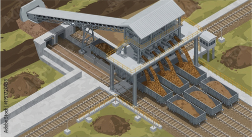 Isometric View of a Mining Facility Loading Ore into Railcars.