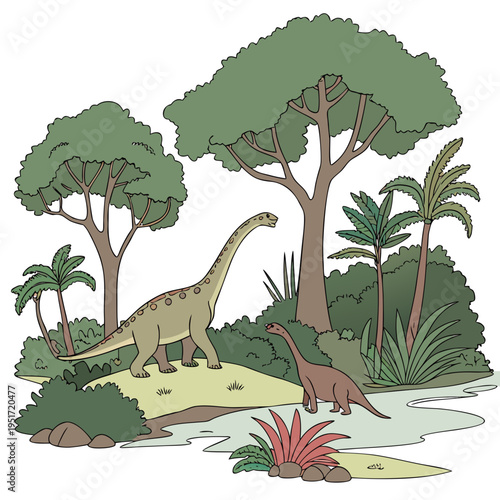 Two friendly looking dinosaurs standing near a stream in a lush prehistoric forest