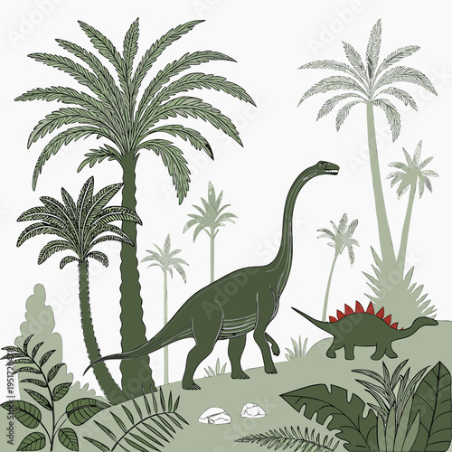 An illustration of a brachiosaurus and a stegosaurus in a prehistoric landscape with palm trees and ferns