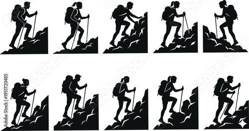 Silhouette hikers climbing rocky mountain terrain with backpacks and trekking poles, outdoor adventure exploration and endurance concept