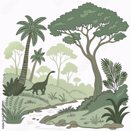 A dinosaur standing in a lush prehistoric forest with trees and plants and a stream running through it
