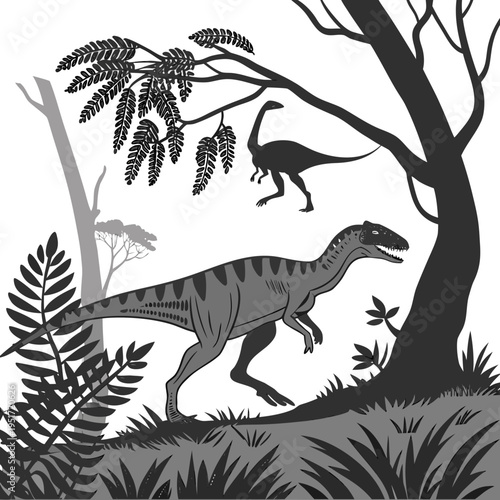 A black and white illustration of a dinosaur walking in a prehistoric forest with another dinosaur in the background