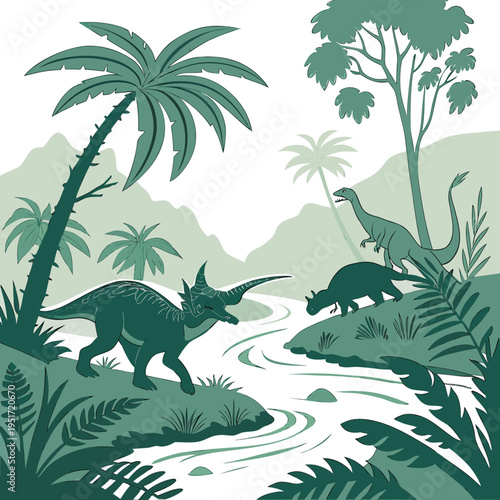 A group of dinosaurs standing near a river in a prehistoric landscape with palm trees and mountains