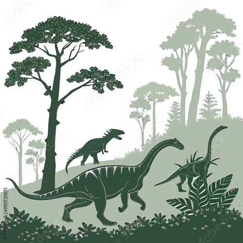 A group of green dinosaurs walking through a forest with trees and plants
