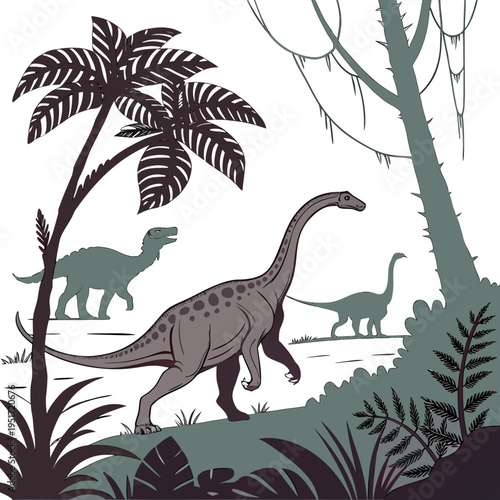 An illustration of a dinosaur walking through a prehistoric landscape with palm trees and other dinosaurs in the background
