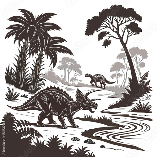 A black and white illustration of two dinosaurs walking through a prehistoric landscape with trees and plants