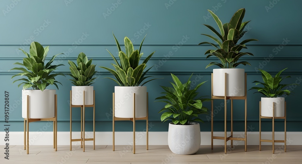 Obraz premium Collection of Indoor Houseplants in White Pots with Golden Stands on Teal Paneled Wall