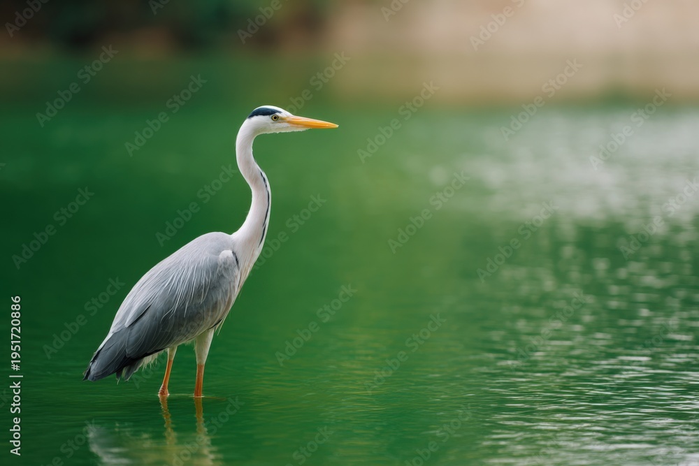 Naklejka premium Grey heron wading in green water with elegant profile long beak and reflection in calm lake