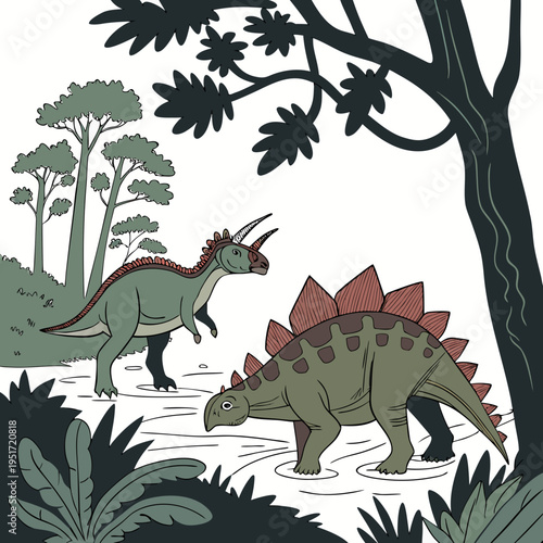 Two dinosaurs, a parasaurolophus and a stegosaurus, standing in shallow water surrounded by trees and plants in a prehistoric landscape