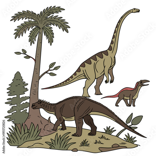 An illustration of three dinosaurs standing on a prehistoric landscape with palm trees and plants