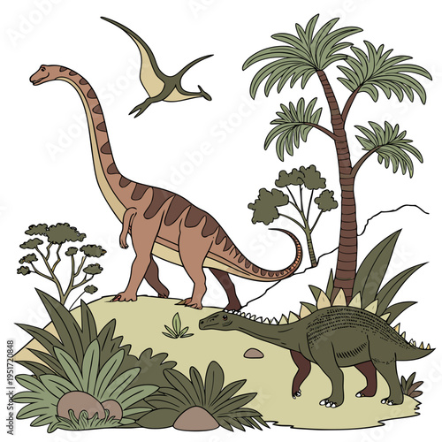 A colorful illustration of a dinosaur standing on a sandy hill with plants and another dinosaur and pterodactyl flying in the background