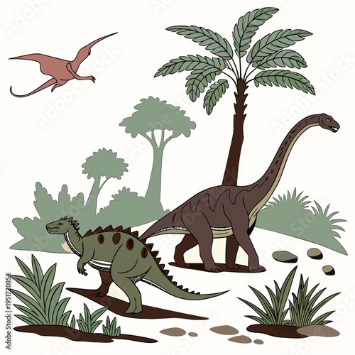 Two dinosaurs and a pterodactyl in a prehistoric landscape with palm trees