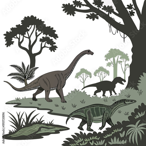 An illustration of three dinosaurs walking through a prehistoric forest with trees and plants