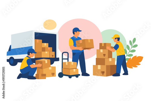 Movers loading boxes onto a truck for delivery service.