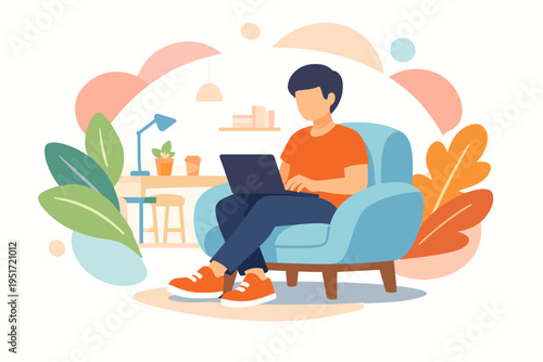 Man Working Remotely on Laptop in Comfortable Chair.