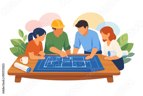 Team of architects collaborating on a blueprint for a new building project.