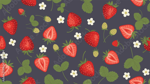Vibrant seamless pattern of fresh strawberries, half-cut berries, delicate white flowers, and green leaves on a dark charcoal background.