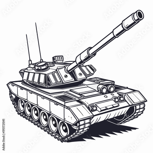 A black and white illustration of a tank with a long barrel and antennae on top