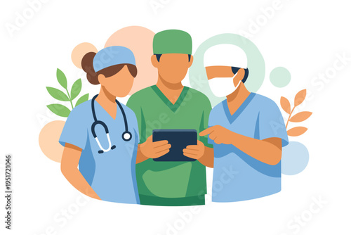 Three medical professionals in scrubs discussing a tablet.