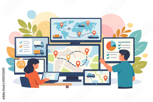 Logistics team monitors global shipping routes on multiple computer screens.