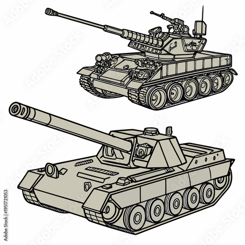 Two military tanks with long guns on top and front, , for war and army concepts