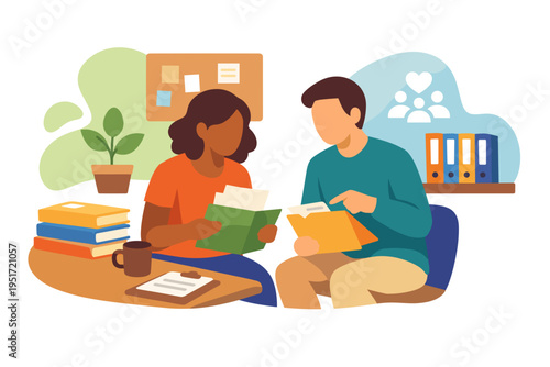 Two people studying together at a desk with books and plants.