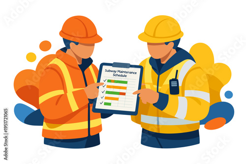 Two construction workers discussing a maintenance schedule clipboard.